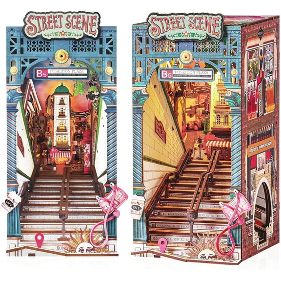 ROBOTIME DIY Book Nook Kit, Street Scene Wooden Miniature Dollhouse Building Kits Bookshelf Decor,3D Puzzle Tiny House Craft Kits, Gifts for Teens Adults