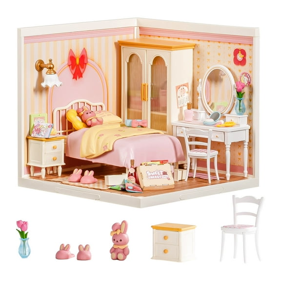 ROBOTIME Super Creator DIY Miniature House Kit,Tiny Home Craft Kits with LED,Mini Dollhouse Building Set,Gifts for Teens Adults(Lovely Pink Bedroom)