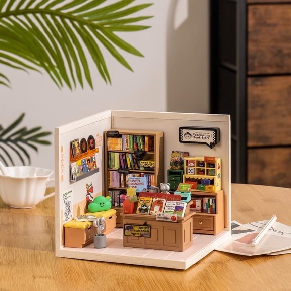 ROBOTIME Super Creator DIY Miniature House Kit,Tiny Home Craft Kits with LED,Mini Dollhouse Building Sets,Gifts for Teens Adults(Fascinating Book Store)
