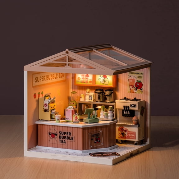 ROBOTIME Super Creator DIY Miniature House Kit,Tiny Home Craft Kits with LED,Mini Dollhouse Building Set,Gifts for Teens Adults(Double Joy Bubble Tea)