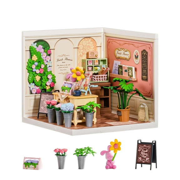 ROBOTIME Super Creator DIY Miniature House Kit,Tiny Home Craft Kits with LED,Mini Dollhouse Building Set,Gifts for Teens Adults(Fresh Flower Shop)