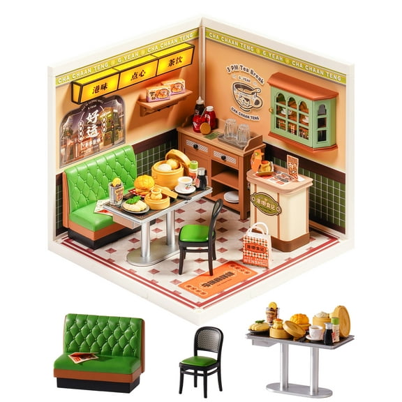 ROBOTIME Super Creator DIY Miniature House Kit,Tiny Home Craft Kits with LED,Mini Dollhouse Building Set,Gifts for Teens Adults(Hong Kong Bites Cafe)