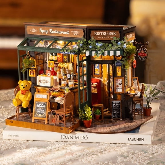 ROBOTIME Tipsy Restaurant DIY Miniature House Kit,Mini Wooden Dollhouse Building Sets,Tiny Home Craft Kits for Desk Decor, Gifts for Adults Teens