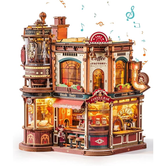 Robotime 3D Wooden Puzzle, Dream Coffee Factory Music Box Building Kit, Diy Craft Gift for Adults, 593 Pieces