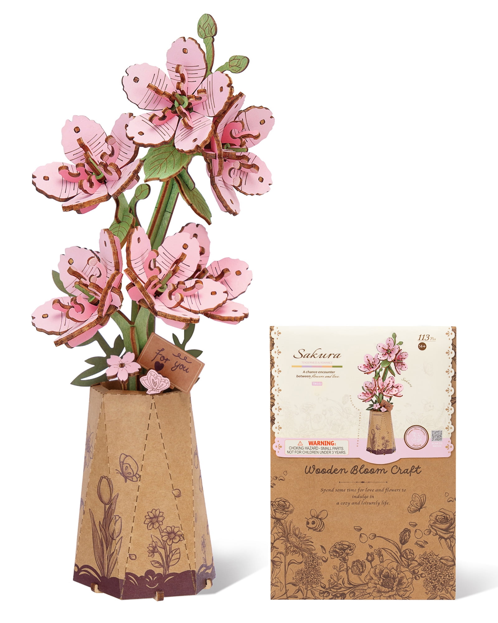 ROBOTIME Wooden Artificial Flowers 3D Puzzle-Sakura, DIY Wooden Flower Model Craft Kits for Adults to Build, Valentine's Day Mother's Day Gifts for Women Adults