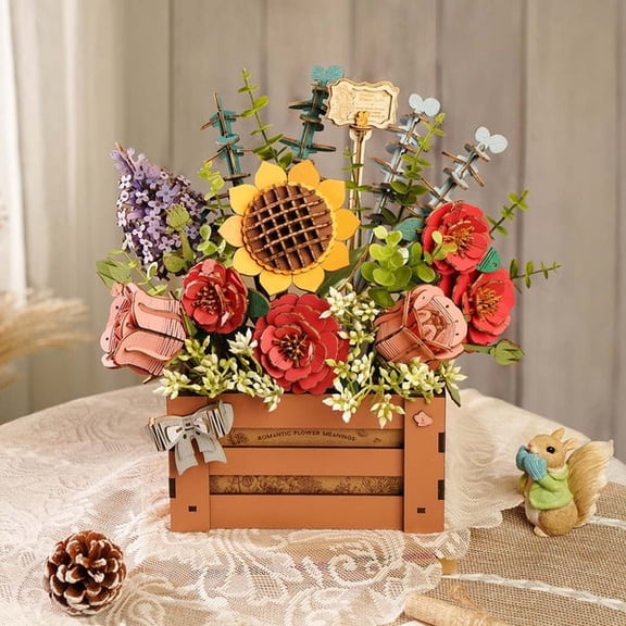 ROBOTIME Wooden Bloom Box 3D Puzzle Craft Kits, DIY Artificial Flowers Model Building Sets Home Decor, Wedding/Mother's Day/Birthday Gifts for Women Adults