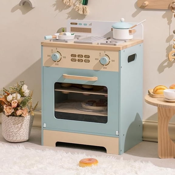 Robotime Wooden Green and Gold Toy Kitchen Oven Playset with Pizzas Cooking Toy for Toddlers & Boys Girls