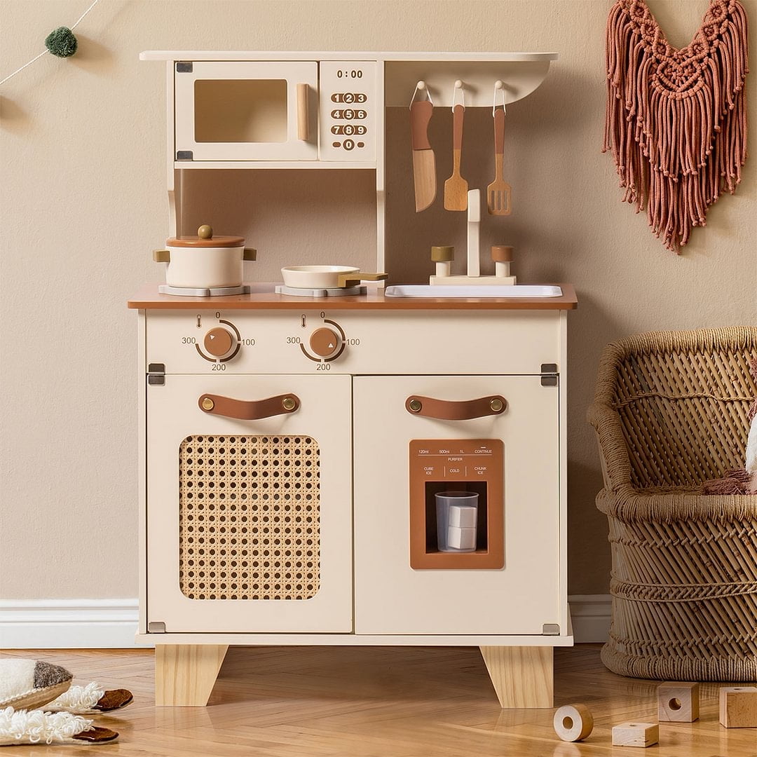 Accessori da cucina per bambini – Set da gioco Mocha con portacoltelli, cibo realistico da tagliare e accessori, Giocattolo educativo Montessori