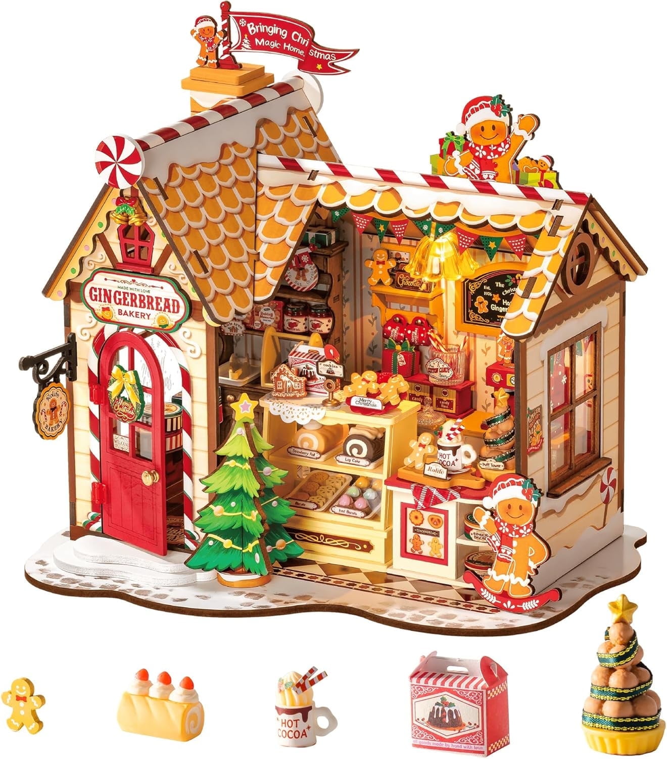 ROBOTIME Christmas Gingerbread House DIY Miniature House Kit,Mini Wooden Dollhouse Building Sets for Desk Decor,Tiny Home Craft Kits Gifts for Adults Teens