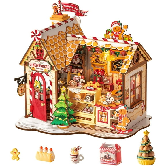 ROBOTIME Christmas Gingerbread House DIY Miniature House Kit,Mini Wooden Dollhouse Building Sets for Desk Decor,Tiny Home Craft Kits Gifts for Adults Teens