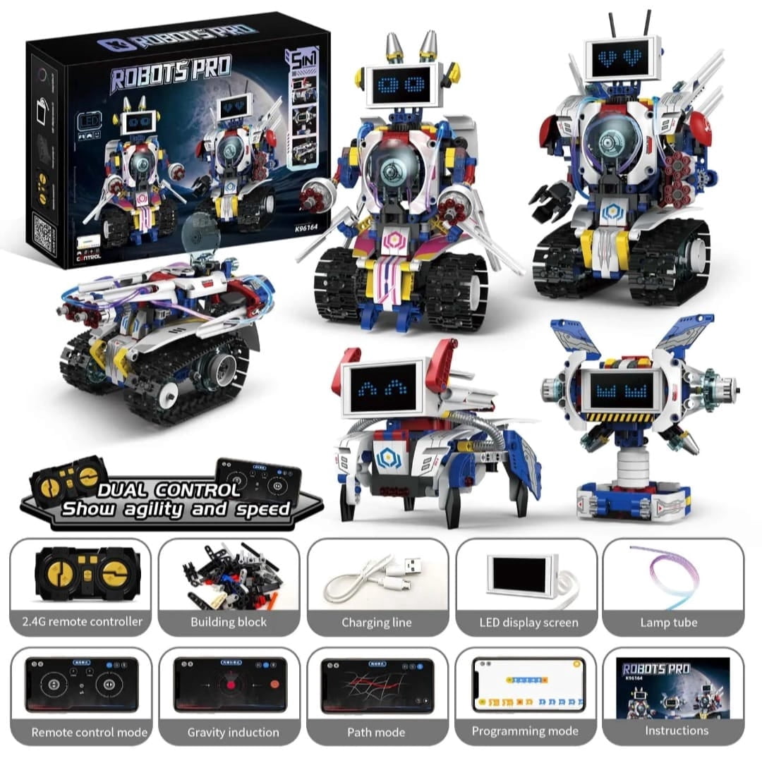 ROBOTS PRO 5-in-1 Transforming Robot Building Kit K96164 with App and 2.4GHz Remote Control for Coding Learning