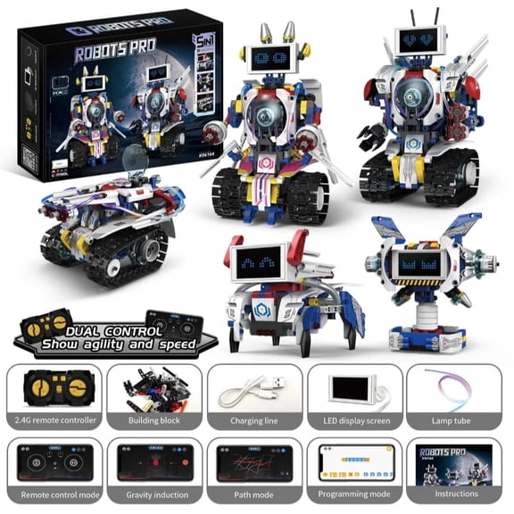 ROBOTS PRO 5-in-1 Transforming Robot Building Kit K96164 with App and 2.4GHz Remote Control for Coding Learning