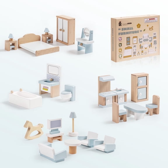ROBUD 23pcs Wooden Dollhouse Furniture Set Accessories Pretend Play Toys Gift for Girls Boys & Toddlers,Blue