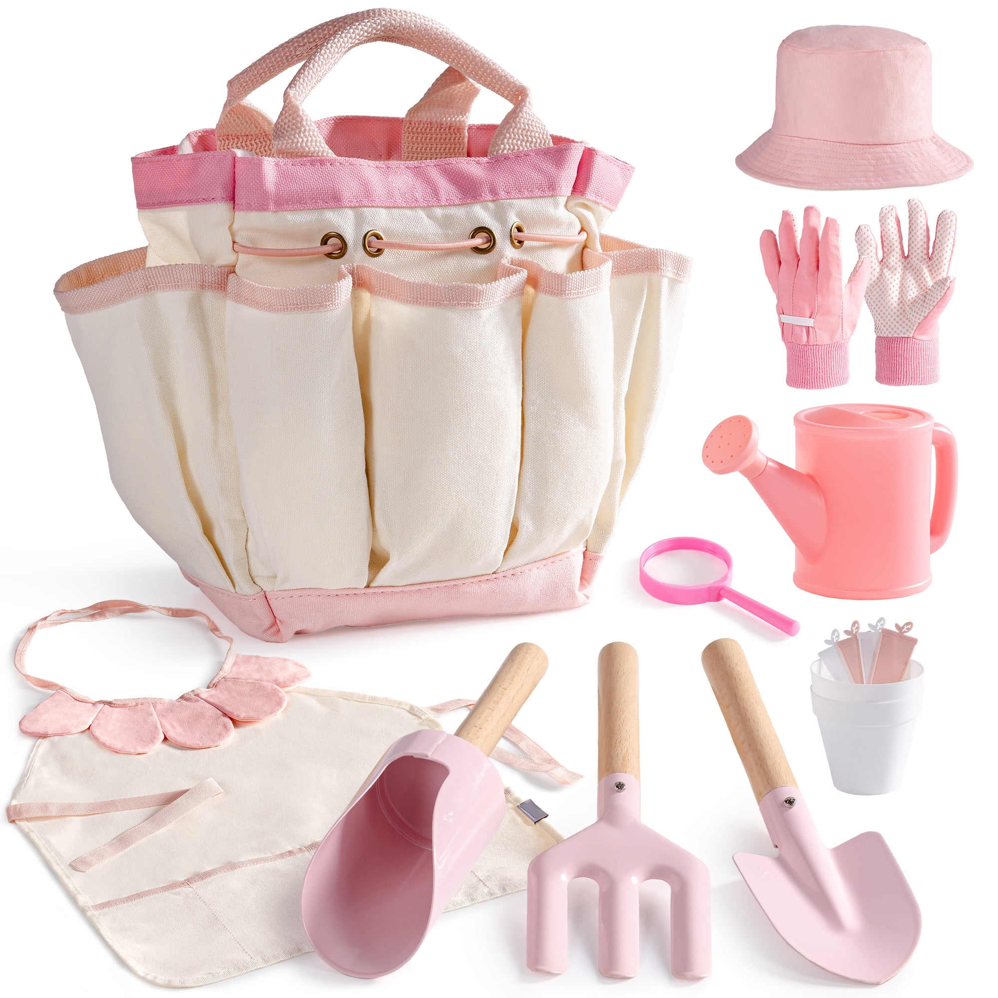 ROBUD Kids Gardening Set, 10 PCS Bow Theme Garden Tools with Shovel, fork, Sand-digging tools, Hat, Storage Bag, Apron, Waterproof Gloves– Educational Outdoor Toy Gift for Girls and Toddlers (Pink)