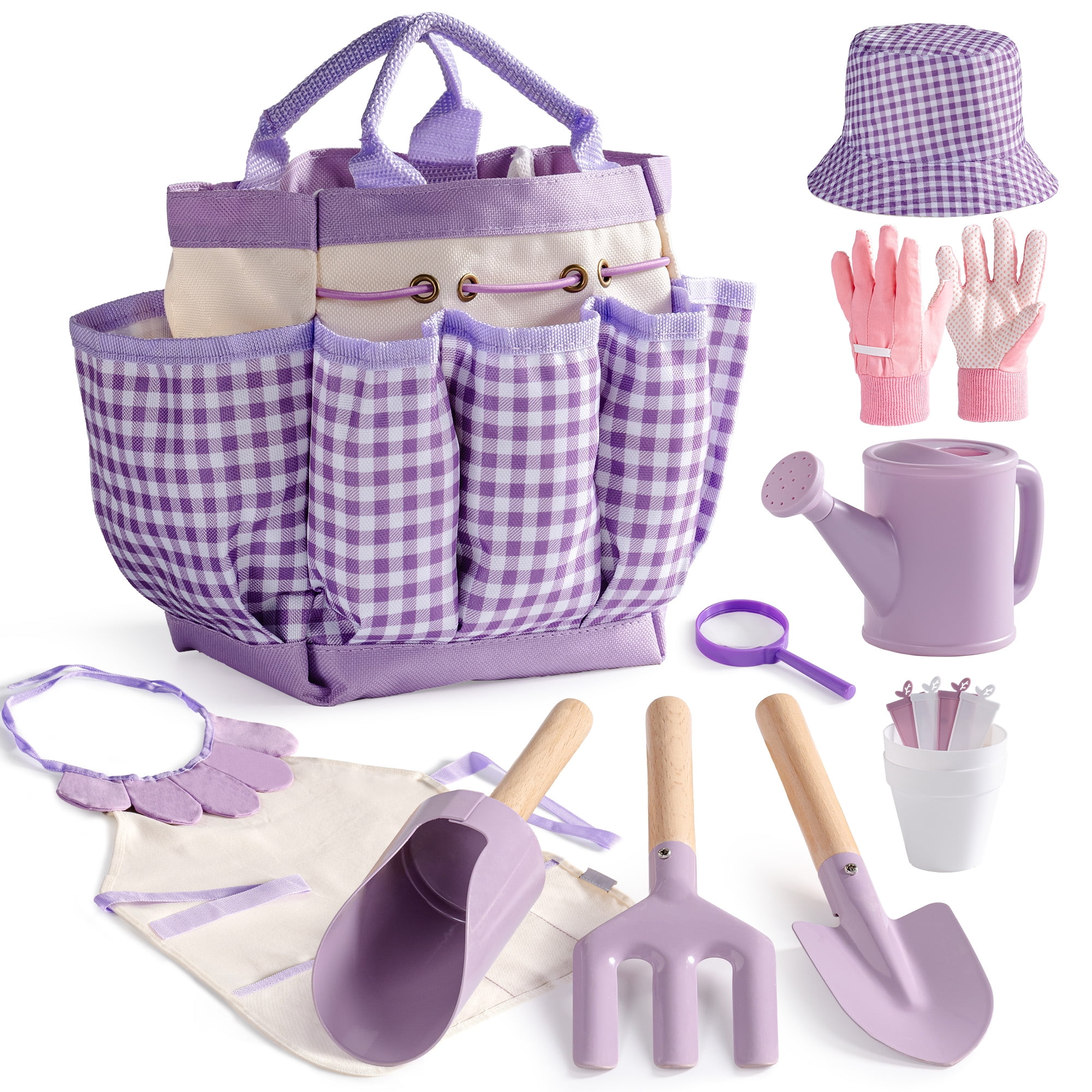 ROBUD Kids Gardening Set, 10 PCS Bow Theme Garden Tools with Shovel, fork, Sand-digging tools, Hat, Storage Bag, Apron, Waterproof Gloves– Educational Outdoor Toy Gift for Girls and Toddlers (Purple)