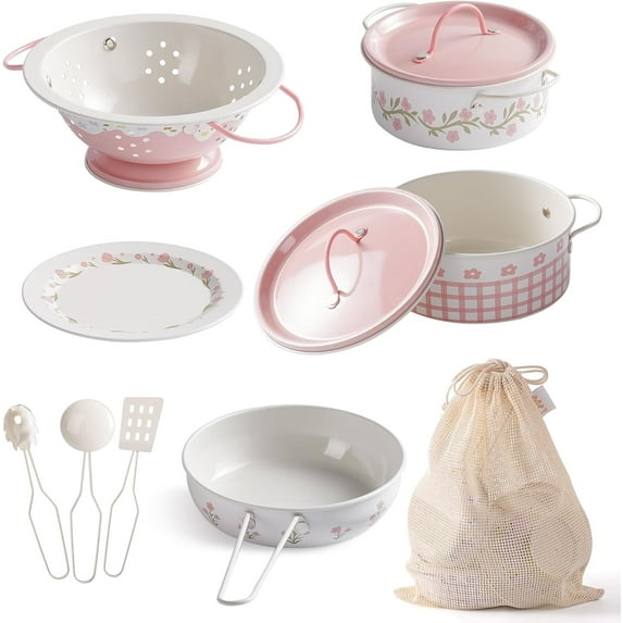 ROBUD Kids Pots and Pans Playset, 9 Pieces Stainless Steel Kitchen Accessories Pretend Play Kitchen Set for Toddlers, Mini Toy Kitchen Accessories (Cartoon Pink)