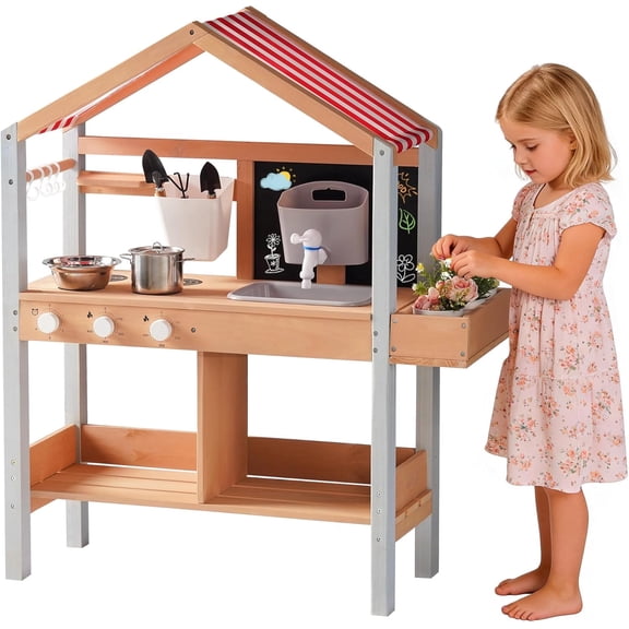 ROBUD Mud Kitchen for Kids Outdoor Wooden Playset with Stove, Sink, Chalkboard & Storage, Pretend Play Kitchen with Canopy for Outdoor FunBoys and Girls, Ages 3+