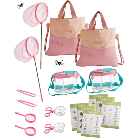 ROBUD Pink Dual Bug Catcher for Kids, Bug Catching Kit with Bag Kit, Pink Outdoor Exploration Set for Camping, Montessroi Toy for Kids Coming Closer to Nature
