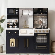 ROBUD Play Kitchen, Wooden Kids Playset with Wash Basin, Ice Maker, Dishwasher, Cookware Accessories, Microwave Toy Gift for Boys Girls Age 3-12,Black