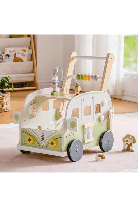 Wooden Baby Push Walker Toy, Vacation Bus Theme with Activity Blocks, Sound & Light, Adjustable Speed, Learning Walker Gift for Toddlers 12+ Months,Green