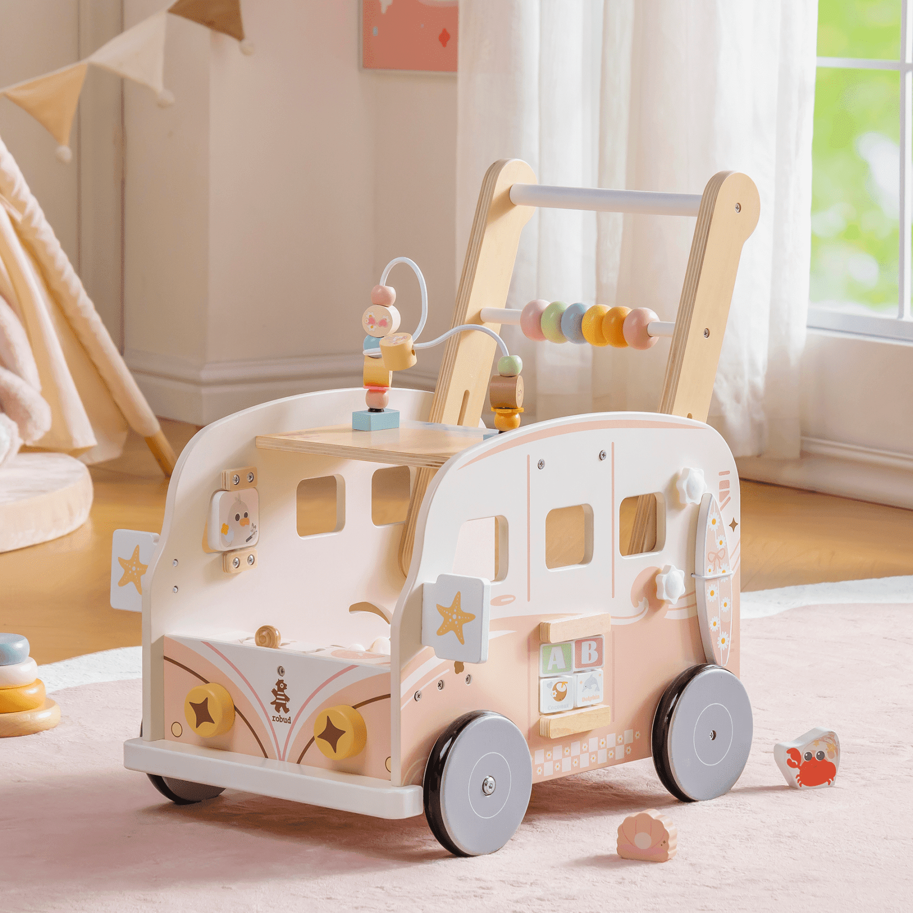 ROBUD Wooden Baby Push Walker Toy, Vacation Bus Theme with Activity Blocks, Sound & Light, Adjustable Speed, Learning Walker Gift for Toddlers 12+ Months,Pink