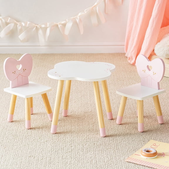 ROBUD Wooden Doll Table and Chairs Set for 18 Inch Dolls, Cloud Shape Table with Heart Back Chairs, 3-Piece Pretend Play Dining Furniture, Pink Playroom Decor Gift for Kids