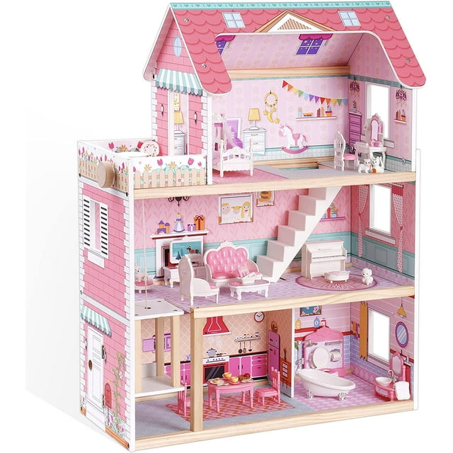 "ROBUD 3-Storey Wooden Dollhouse with Elevator & 20pcs Furniture, Pretend Play Toy for Kids, 23.