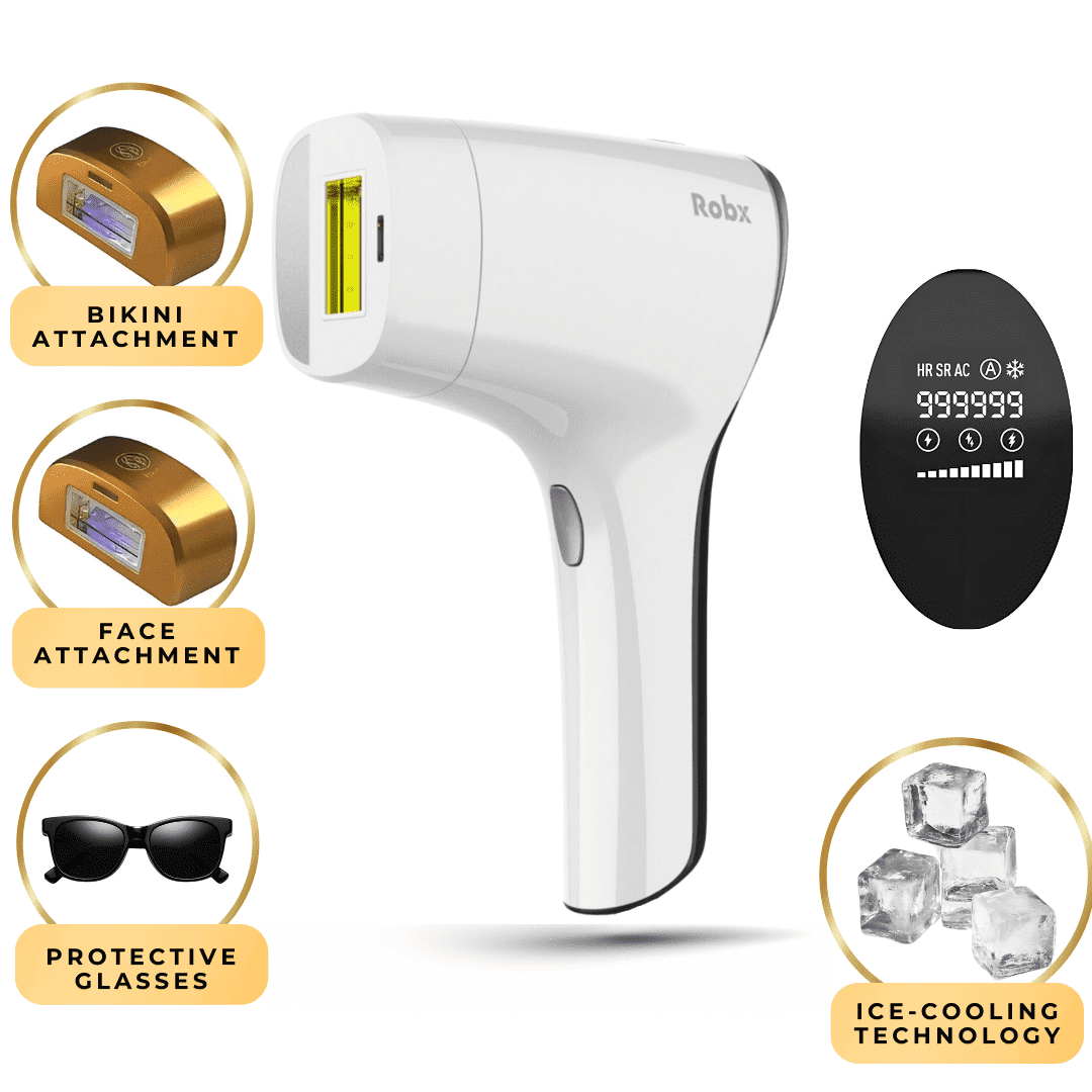 ROBX A05 IPL Hair Removal Device  1.5 Million Flashes, Smart Skin Recognition, Ultra-Fast Technology, 3 Attachments for Body, Face, and Bikini, Unisex White
