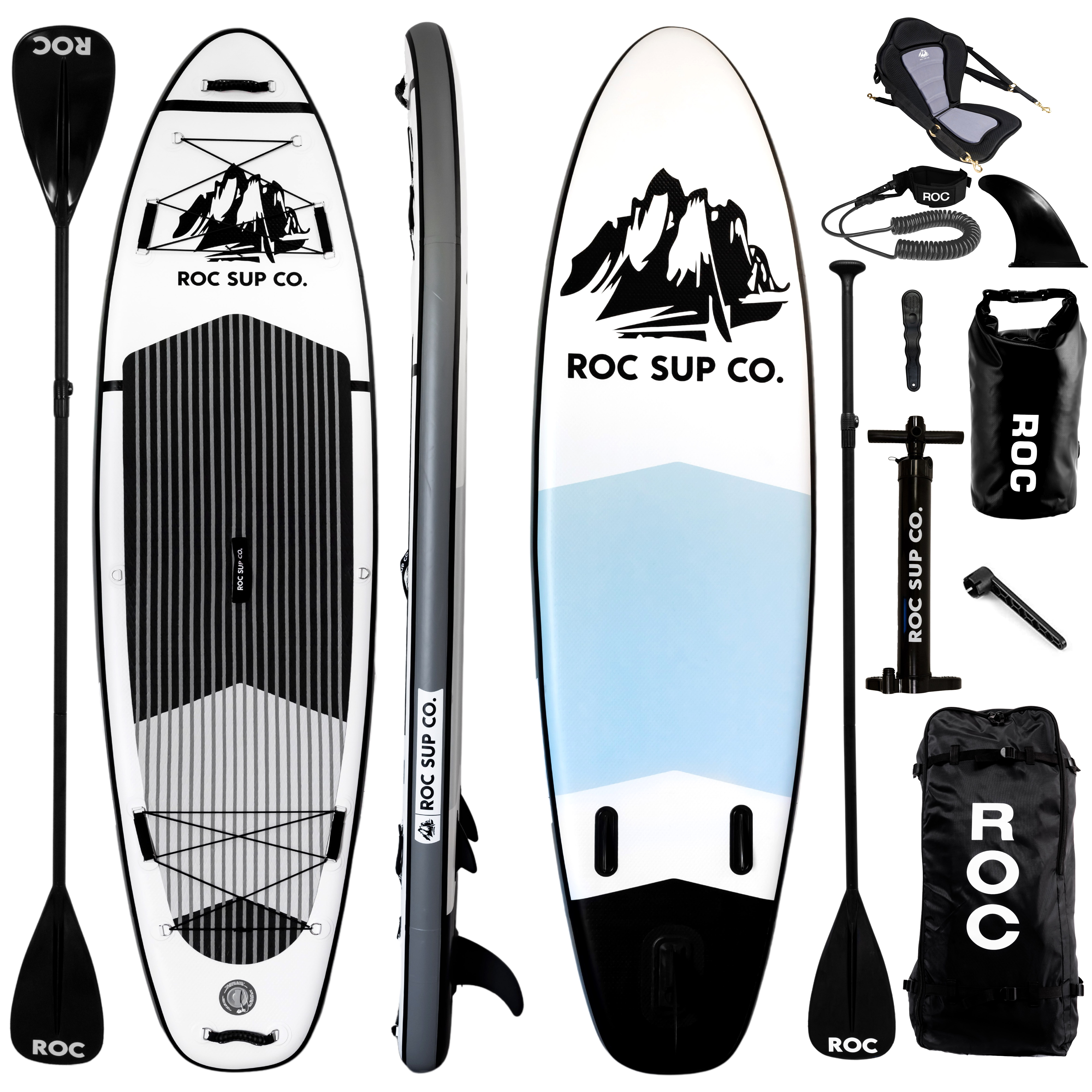 ROC Outdoors Inflatable Stand Up Paddle Boards 10 ft 6 in with Kayak seat & Premium SUP Accessories