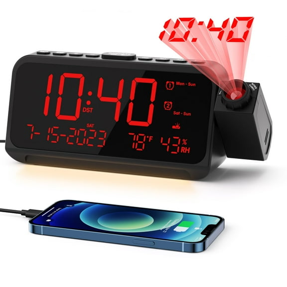 ROCAM Projection Clock for Bedroom, Digital Clock with 180 Projector on Ceiling with 5-Level Dimmer, Dual Loud Alarm Clock with Weekend/Weekday Mode, Date, Temp, Humidity, Night Light, Snooze