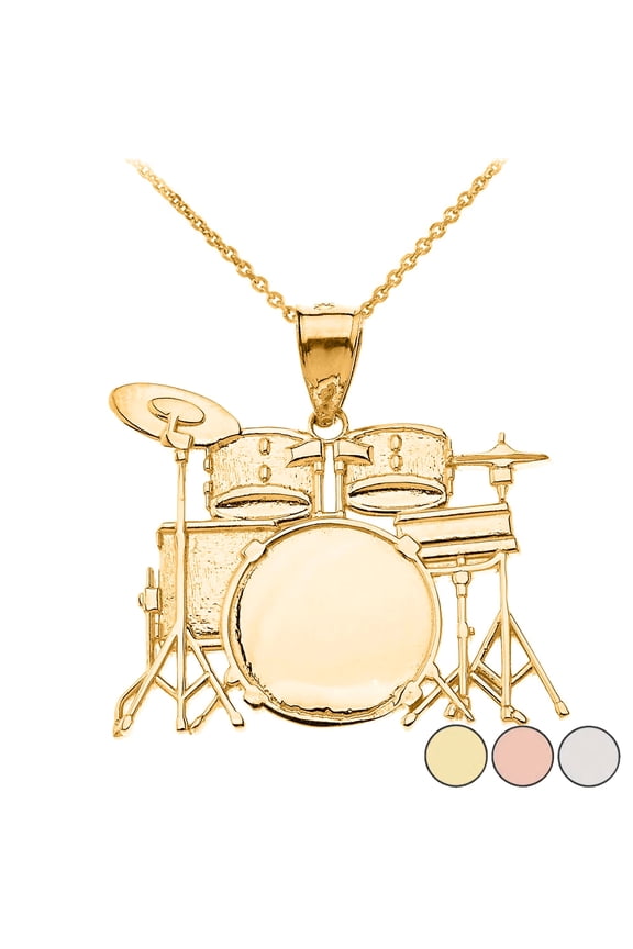 ROCK BAND DRUM SET PENDANT NECKLACE IN SOLID GOLD (YELLOW/ROSE/WHITE) :  14K  Pendant with 22" chain