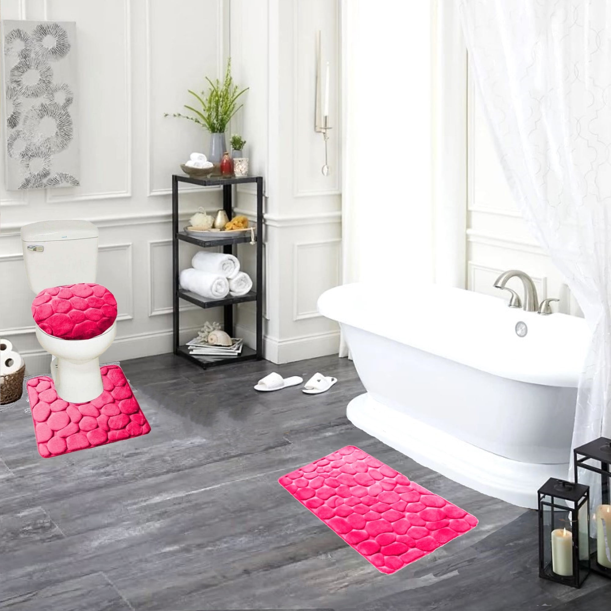 Adding a pink and gray vintage bath rug to an all-white bathroom brings a  soft, calming feels to a cle…