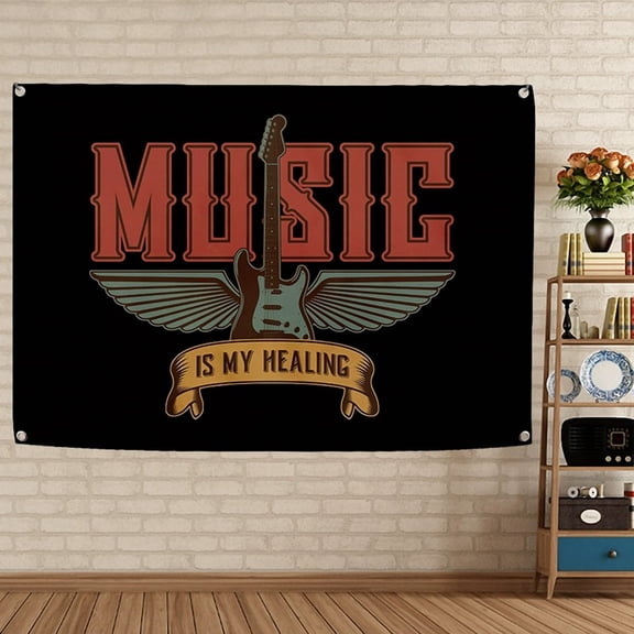 ROCK MUSIE IS MY HEALING Flag Tapestry Hard & Punk Metal Music Poster Vintage Rock Music Festival Themed Fabric Banner Bar Cafe Beer House Indoor Wall Art Decoration 5,38X57 inches
