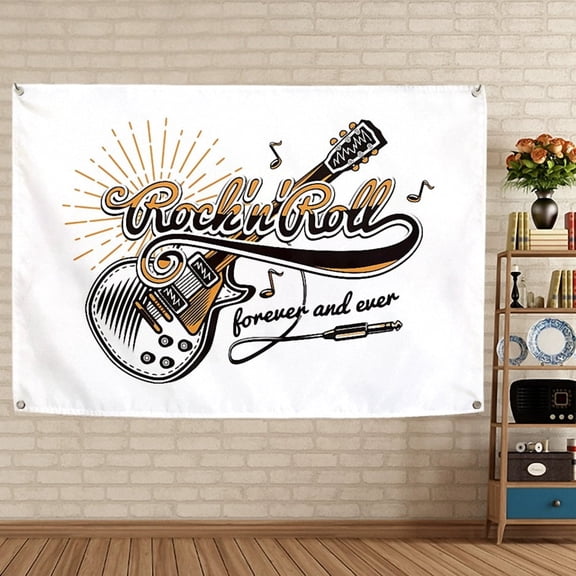 ROCK & ROLL Flag Tapestry For Home And Outdoor - Hard Punk Metal Music Artwork Poster Wall Art Hanging Banner - Bar Cafe Beer House Indoor Decoration 9,38X57 inches