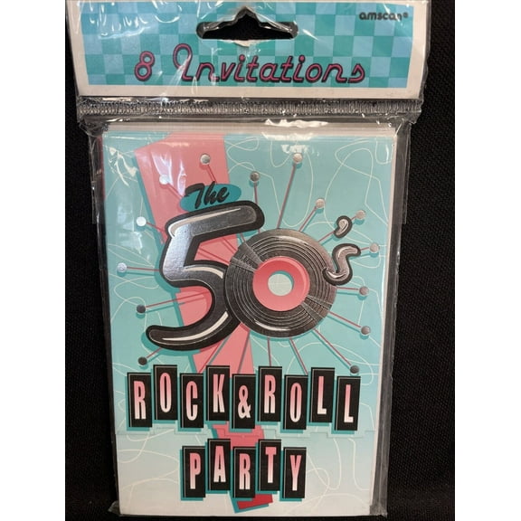 ROCK & ROLL PARTY INVITATIONS 1950s Sock Hop Jukebox Fill-In Music Oldies 8Ct