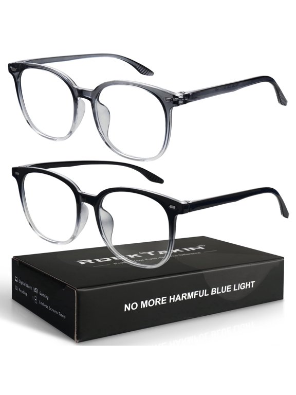 ROCK TAKIN Large Frame Blue Light Blocking Glasses 2-Pack - Trendy Graduated Grey & Black Anti Eye Strain Glasses for Screen Use, Women & Men