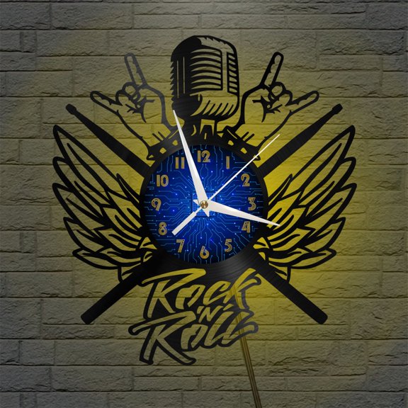 ROCK n ROLL 12 Inch Vinyl Record Wall Clock - Silent, Creative, and Unique Clock for Living Room, Entryway, or Bedroom Decor - Perfect Gift Idea(12 inchs B with LED)