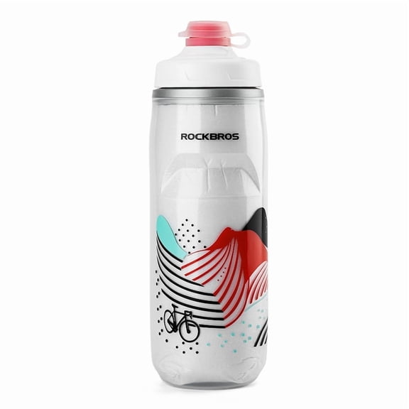 ROCKBROS 21oz Insulated Bicycle Water Bottle, 3 Layers Thickened Leakproof Portable Cycling Bottle for Fitness Hiking Fishing Running-White and Red