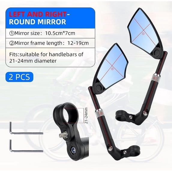 ROCKBROS Bike Mirror Adjustable Safe Rear View Mirror Anti-glare Lens Scratch Resistant Glass Lens 360 Degree Flat Rotation Fit 21-24mm Handlebar for Mountain Bike MTB