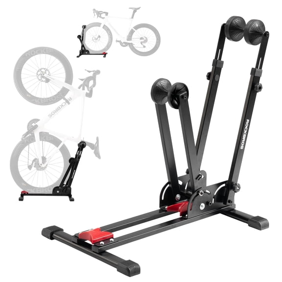 ROCKBROS 2-in-1 Vertical Horizontal Bike Stand, Foldable Carbon Steel Storage Rack Fit 24-27.5" Bikes, Anti-Slip Floor Holder for Garage Apartment