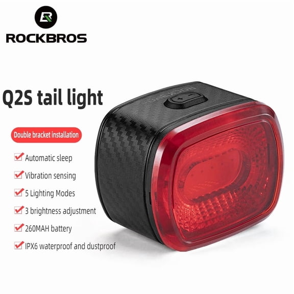 ROCKBROS Q2S Bicycle Tail Light Cycling Rear Light with Brake/Vibration/Light Sensitive 260mAh 4 Light Modes Waterproof Smart Tail Light Night Ride