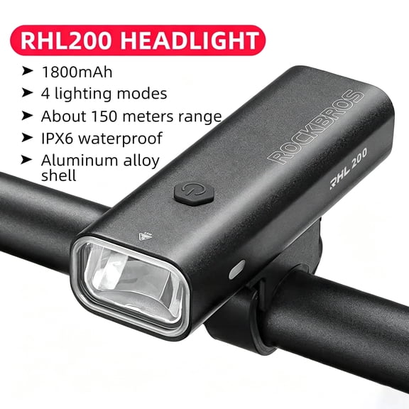 ROCKBROS USB-C Rechargeable LED Bike Headlight, 200/400 Lumens, Aluminum Front Light for MTB & Road Cycling