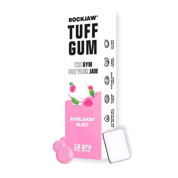 ROCKJAW Tuff Gum 2.0 with B Vitamins (Stim-Free) - 10 Pack - 100% Xylitol, Aspartame-Free, Sugar-Free (Bubblemint Blast)