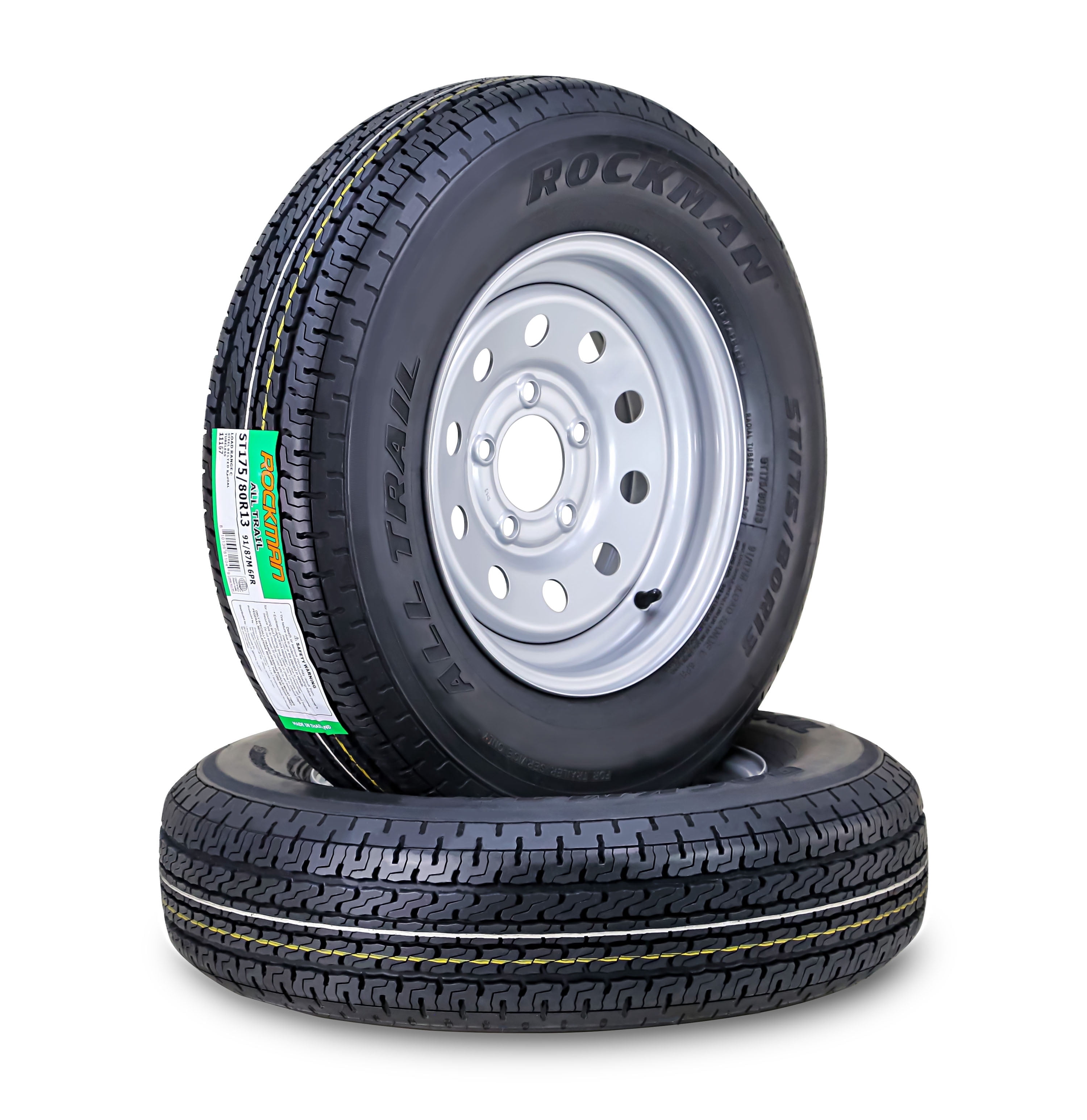 ROCKMAN Trailer Tire Wheel Assembly ST175/80R13 6-Ply C 91M 5 Lug on 4.5" PCD Silver Mod Rim ,SET 2