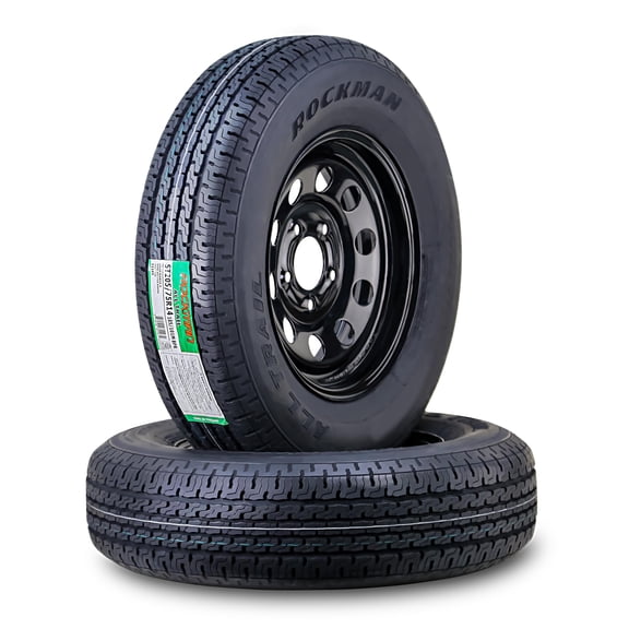 ROCKMAN Trailer Tire Wheel Assembly ST205/75R14 8-Ply D 105M 5 Lug on 4.5" PCD Black Mod Rim ,SET 2