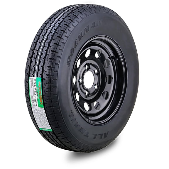 ROCKMAN Trailer Tire Wheel Assembly ST205/75R14 8-Ply D 105M 5 Lug on 4.5" PCD Black Mod Rim