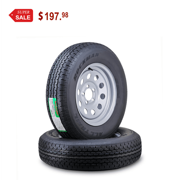 ROCKMAN Trailer Tire Wheel Assembly ST205/75R14 8-Ply D 105M 5 Lug on 4.5" PCD Silver Mod Rim ,SET 2