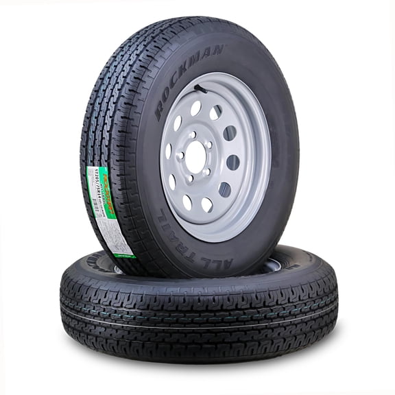 ROCKMAN Trailer Tire Wheel Assembly ST205/75R14 8-Ply D 105M 5 Lug on 4.5" PCD Silver Mod Rim ,SET 2