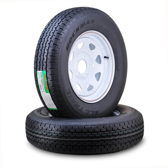 ROCKMAN Trailer Tire Wheel Assembly ST205/75R14 8-Ply D 105M 5 Lug on 4.5" PCD White Spoke Rim ,SET 2