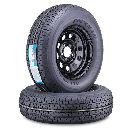 ROCKMAN Trailer Tire Wheel Assembly ST205/75R15 10-Ply E 111M Heavy Duty 2400lbs w/5 Lug on 4.5" PCD Black Mod Rim ,SET 2